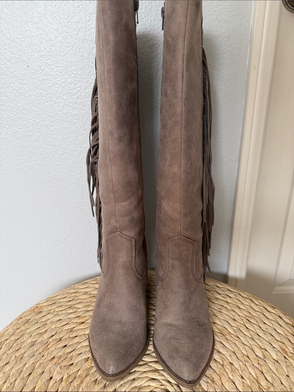 Carlos by Carlos Santana Taupe Suede Over-the-Knee Fringe Boots